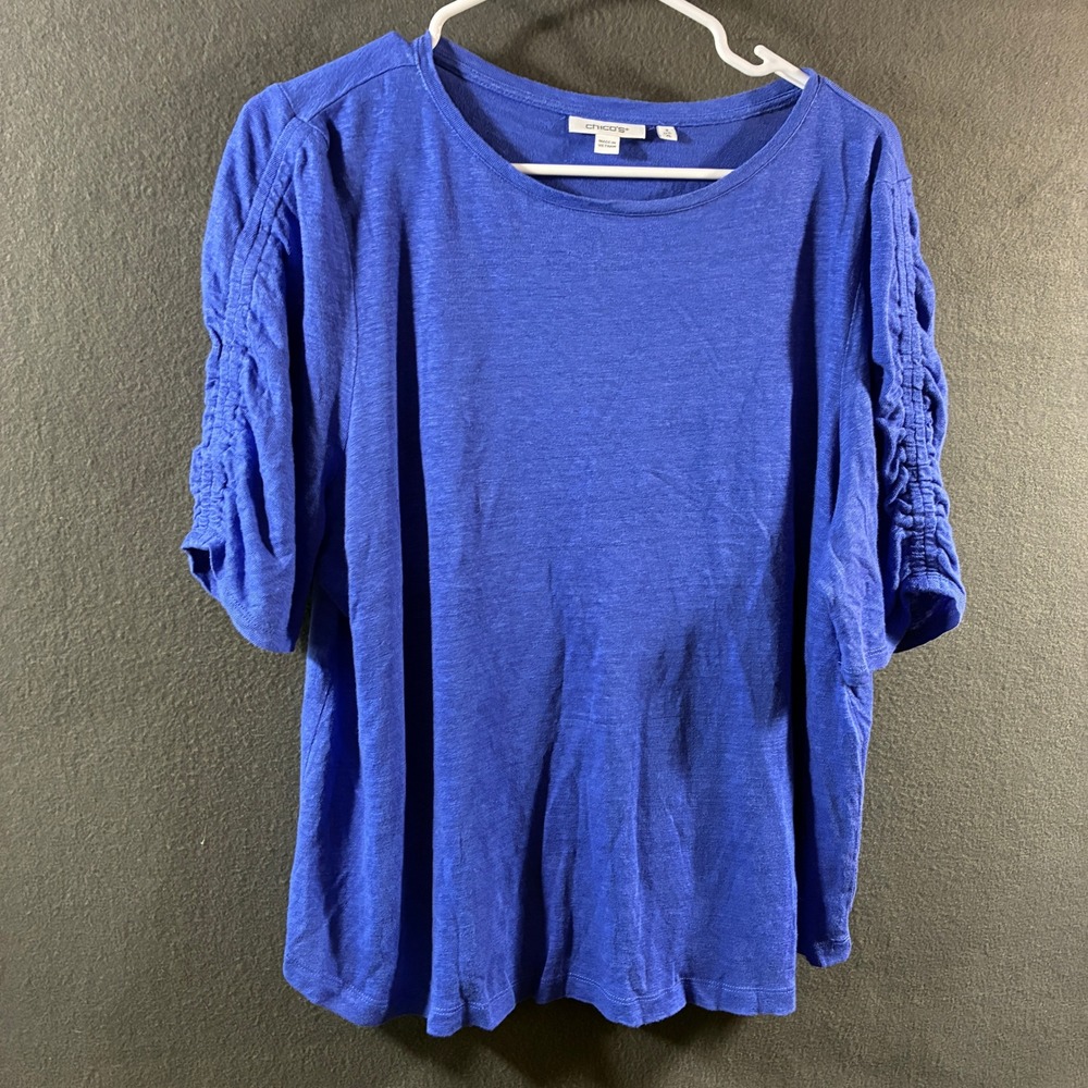 Chico's women Linen top xl blue Ruched coastal minimalist beach vacation